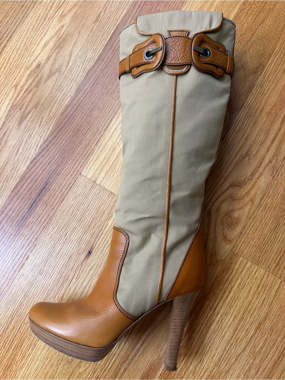 Fendi Beige Canvas & Tan Leather High-Heel Knee Boot